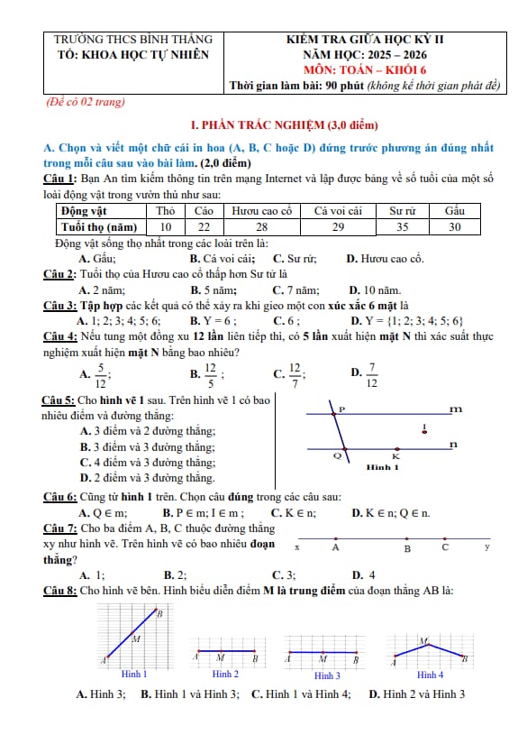 đề giữa học kỳ 2 toán 6 năm 2025 – 2026 trường thcs bình thắng – vĩnh long
